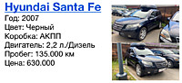 Hyundai Santa Fe Год: 2007 Цвет: Черный  Коробка: АКПП  Двигатель: 2,2 л./Дизель  Пробег: 135.000 км Цена: 630.000